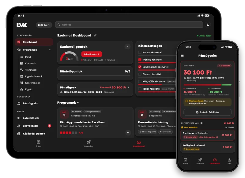 The EVK app on an iPad, showing the professional dashboard, and on an iPhone, showing the member's finances