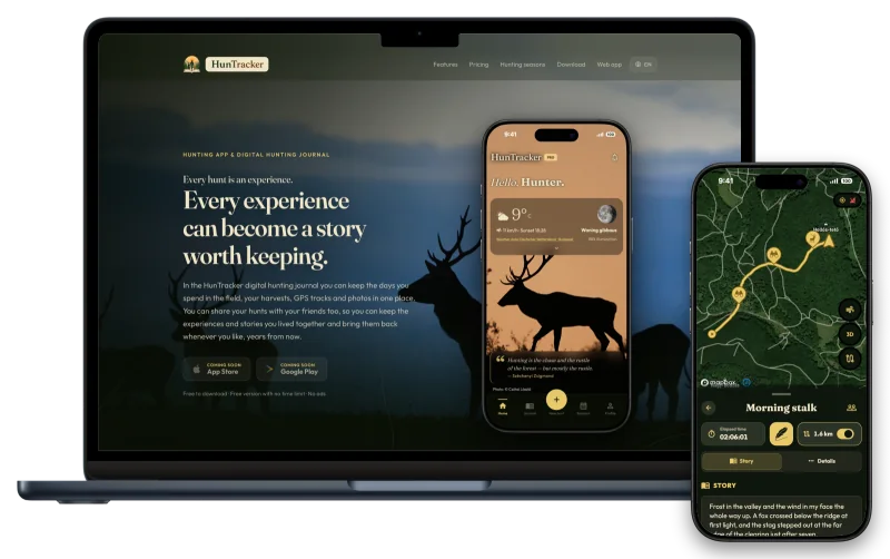 The huntracker.app website on a MacBook, with the HunTracker app's map screen on an iPhone in front