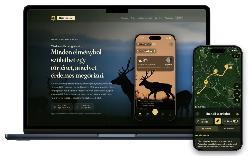 A huntracker.app weboldal MacBookon, előtte iPhone-on a HunTracker app térképe